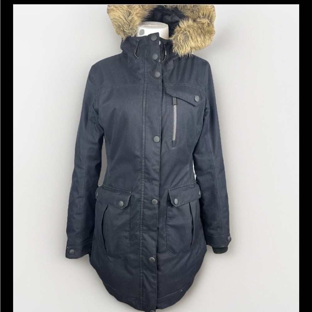 Woman’s black firefly parka jacket fur lined hooded multi pocket